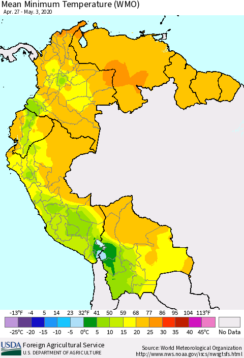 Northern South America Minimum Temperature (WMO) Thematic Map For 4/27/2020 - 5/3/2020