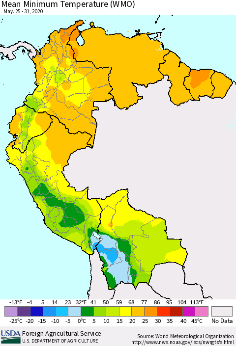 Northern South America Minimum Temperature (WMO) Thematic Map For 5/25/2020 - 5/31/2020