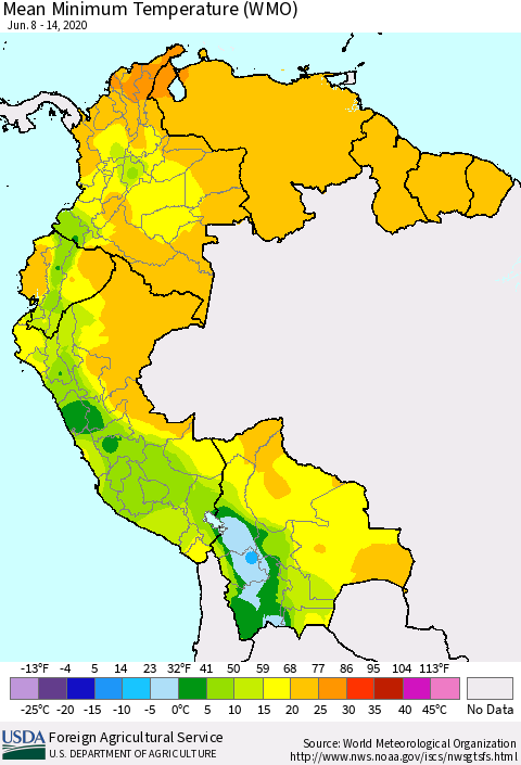 Northern South America Minimum Temperature (WMO) Thematic Map For 6/8/2020 - 6/14/2020