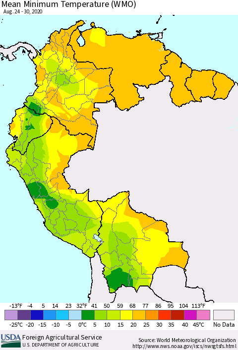 Northern South America Minimum Temperature (WMO) Thematic Map For 8/24/2020 - 8/30/2020