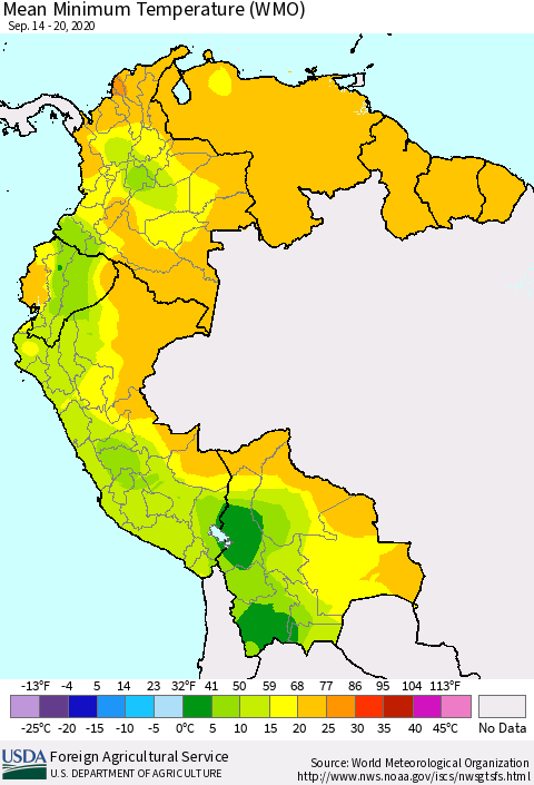 Northern South America Minimum Temperature (WMO) Thematic Map For 9/14/2020 - 9/20/2020