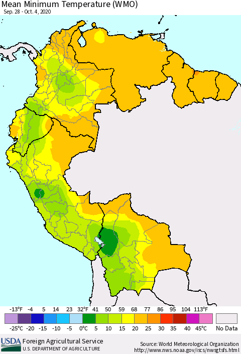Northern South America Minimum Temperature (WMO) Thematic Map For 9/28/2020 - 10/4/2020