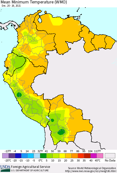Northern South America Minimum Temperature (WMO) Thematic Map For 12/20/2021 - 12/26/2021