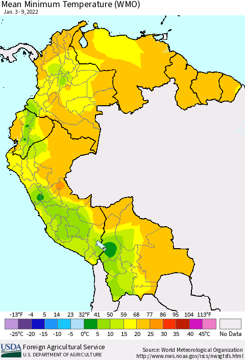 Northern South America Minimum Temperature (WMO) Thematic Map For 1/3/2022 - 1/9/2022