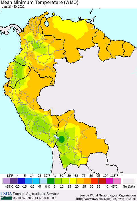 Northern South America Minimum Temperature (WMO) Thematic Map For 1/24/2022 - 1/30/2022