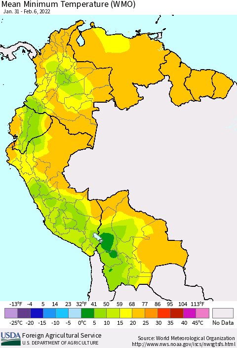 Northern South America Minimum Temperature (WMO) Thematic Map For 1/31/2022 - 2/6/2022