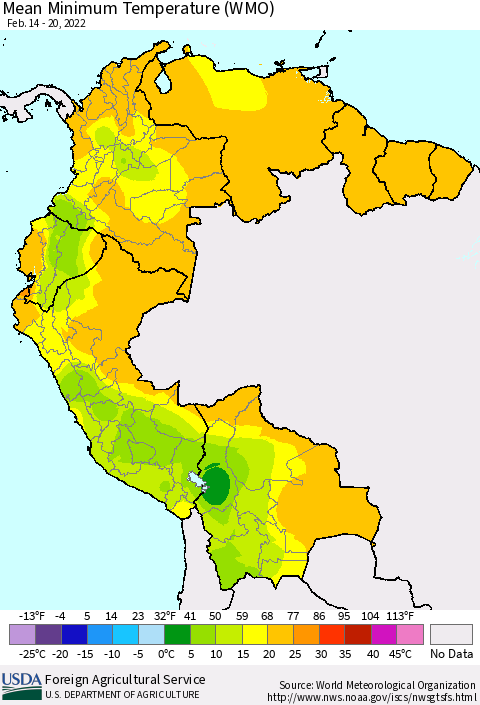 Northern South America Minimum Temperature (WMO) Thematic Map For 2/14/2022 - 2/20/2022