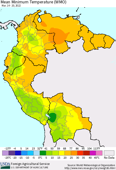 Northern South America Minimum Temperature (WMO) Thematic Map For 3/14/2022 - 3/20/2022