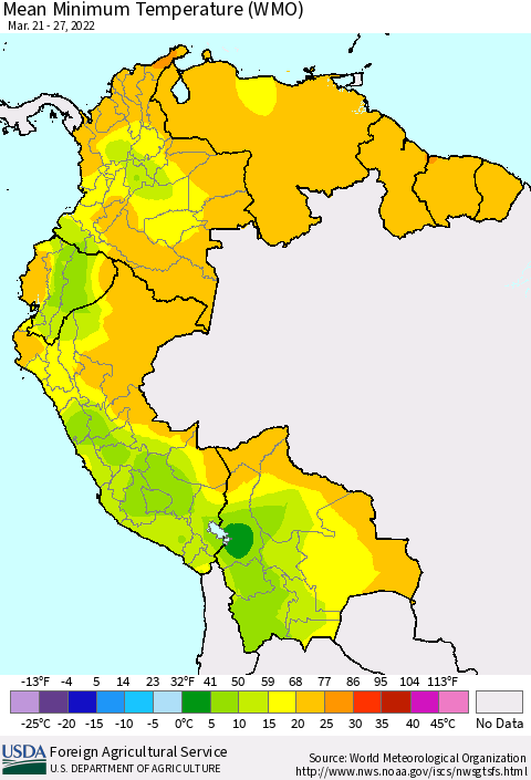 Northern South America Minimum Temperature (WMO) Thematic Map For 3/21/2022 - 3/27/2022