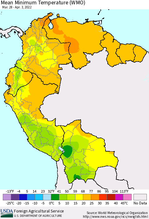 Northern South America Minimum Temperature (WMO) Thematic Map For 3/28/2022 - 4/3/2022