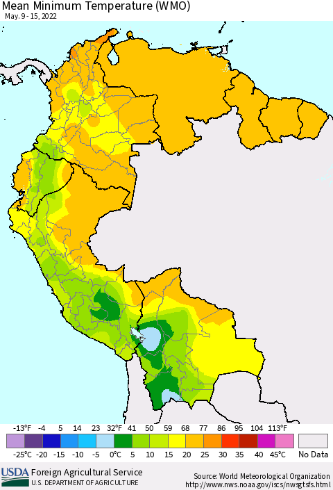 Northern South America Minimum Temperature (WMO) Thematic Map For 5/9/2022 - 5/15/2022