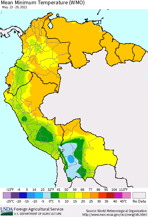 Northern South America Minimum Temperature (WMO) Thematic Map For 5/23/2022 - 5/29/2022