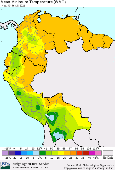 Northern South America Minimum Temperature (WMO) Thematic Map For 5/30/2022 - 6/5/2022