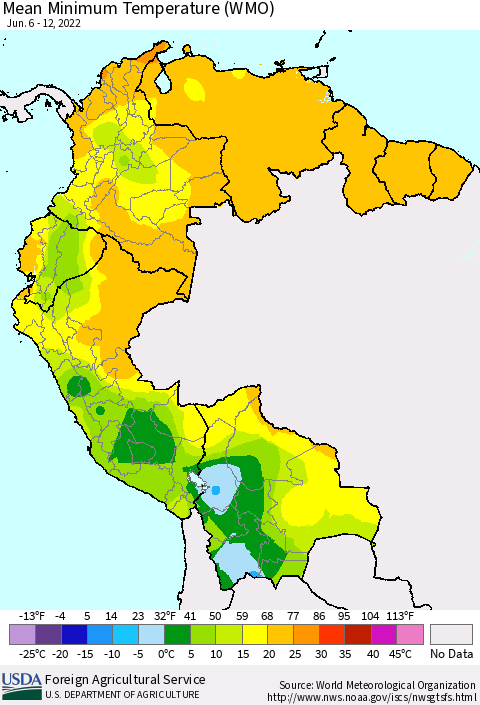 Northern South America Minimum Temperature (WMO) Thematic Map For 6/6/2022 - 6/12/2022