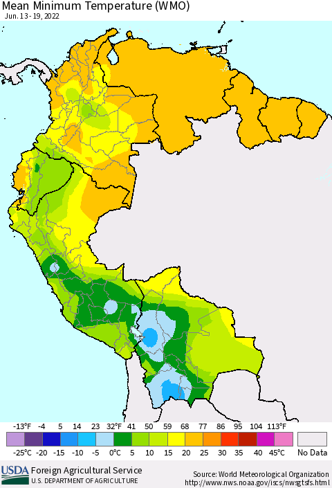 Northern South America Minimum Temperature (WMO) Thematic Map For 6/13/2022 - 6/19/2022