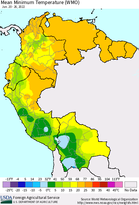 Northern South America Minimum Temperature (WMO) Thematic Map For 6/20/2022 - 6/26/2022
