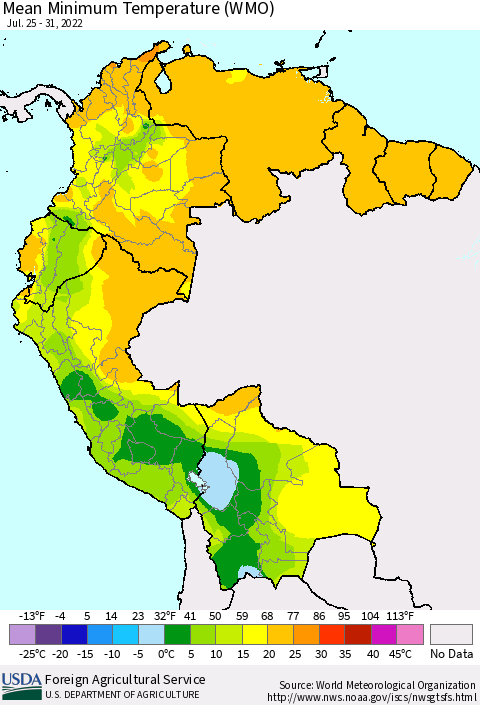 Northern South America Minimum Temperature (WMO) Thematic Map For 7/25/2022 - 7/31/2022