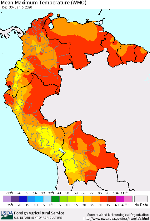 Northern South America Maximum Temperature (WMO) Thematic Map For 12/30/2019 - 1/5/2020