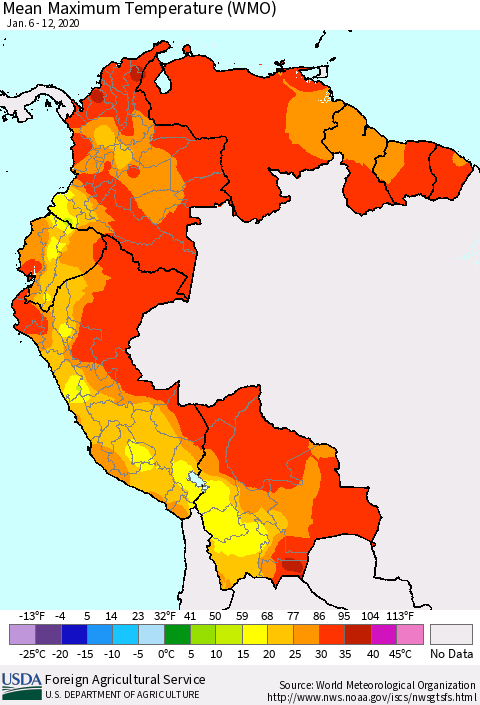 Northern South America Maximum Temperature (WMO) Thematic Map For 1/6/2020 - 1/12/2020