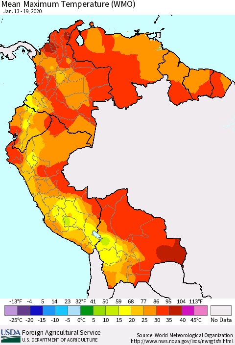 Northern South America Maximum Temperature (WMO) Thematic Map For 1/13/2020 - 1/19/2020