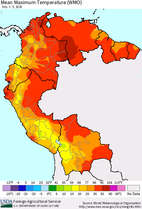 Northern South America Maximum Temperature (WMO) Thematic Map For 2/3/2020 - 2/9/2020
