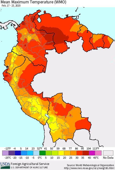 Northern South America Maximum Temperature (WMO) Thematic Map For 2/17/2020 - 2/23/2020