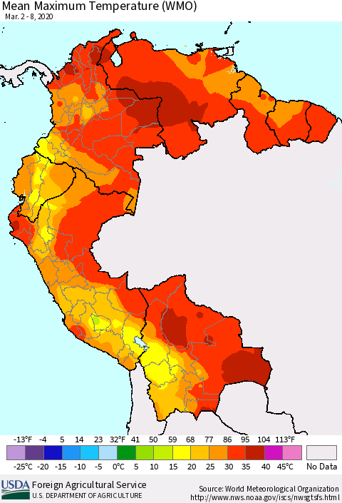 Northern South America Maximum Temperature (WMO) Thematic Map For 3/2/2020 - 3/8/2020