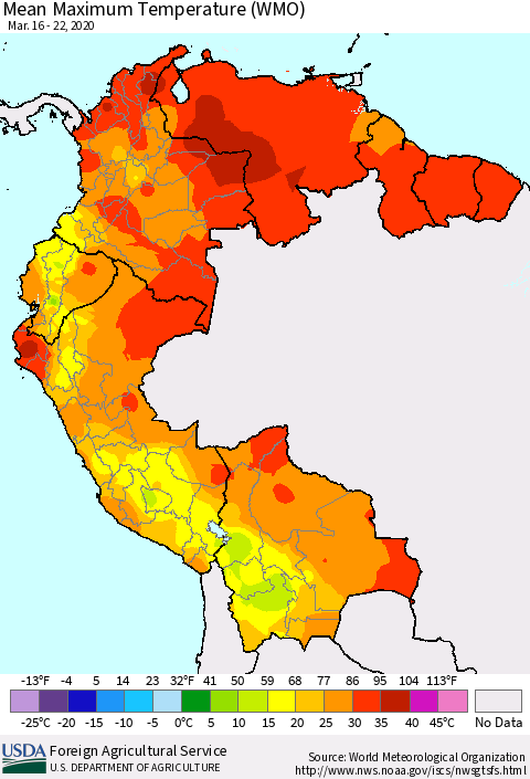 Northern South America Maximum Temperature (WMO) Thematic Map For 3/16/2020 - 3/22/2020