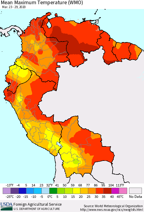 Northern South America Maximum Temperature (WMO) Thematic Map For 3/23/2020 - 3/29/2020