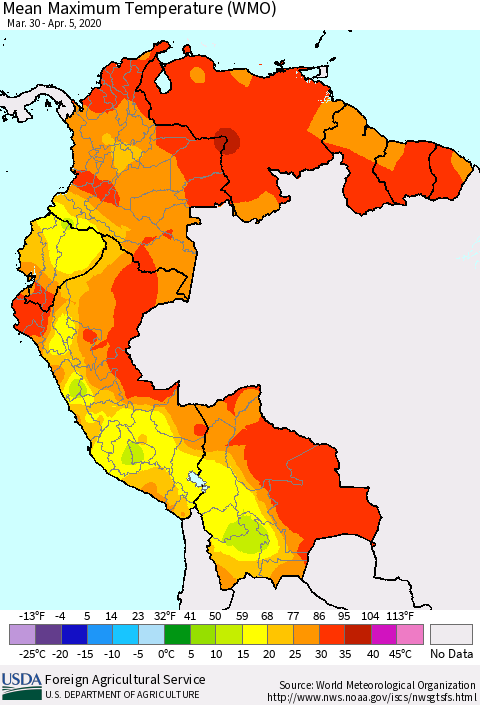 Northern South America Maximum Temperature (WMO) Thematic Map For 3/30/2020 - 4/5/2020