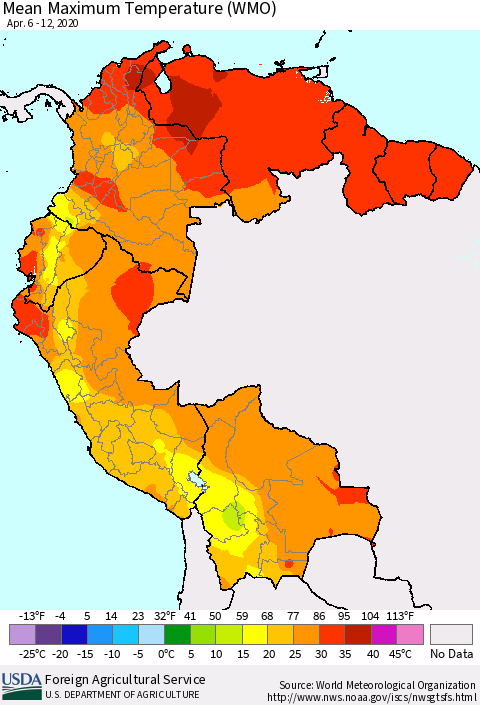 Northern South America Maximum Temperature (WMO) Thematic Map For 4/6/2020 - 4/12/2020