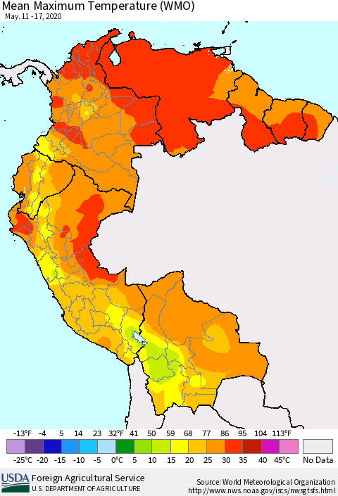 Northern South America Maximum Temperature (WMO) Thematic Map For 5/11/2020 - 5/17/2020
