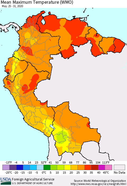 Northern South America Maximum Temperature (WMO) Thematic Map For 5/25/2020 - 5/31/2020