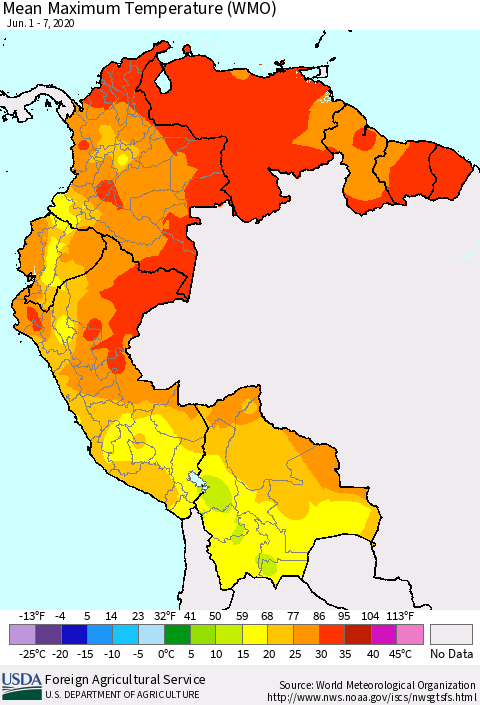 Northern South America Maximum Temperature (WMO) Thematic Map For 6/1/2020 - 6/7/2020