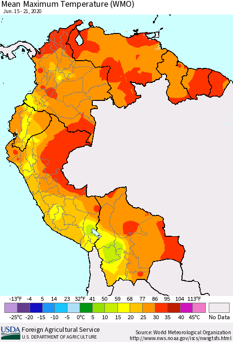 Northern South America Maximum Temperature (WMO) Thematic Map For 6/15/2020 - 6/21/2020