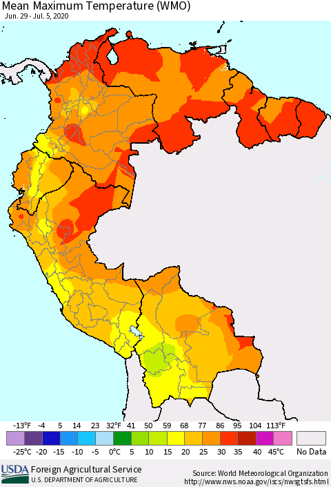 Northern South America Maximum Temperature (WMO) Thematic Map For 6/29/2020 - 7/5/2020