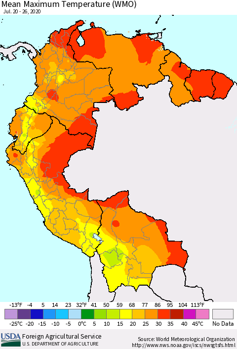 Northern South America Maximum Temperature (WMO) Thematic Map For 7/20/2020 - 7/26/2020