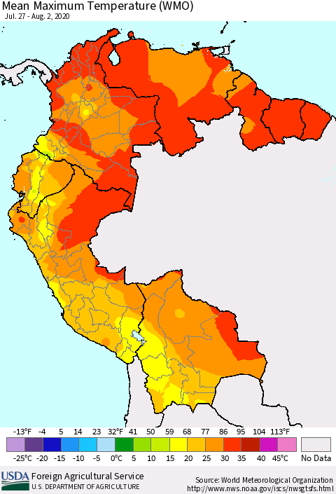 Northern South America Maximum Temperature (WMO) Thematic Map For 7/27/2020 - 8/2/2020