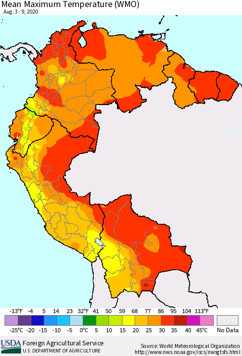 Northern South America Maximum Temperature (WMO) Thematic Map For 8/3/2020 - 8/9/2020