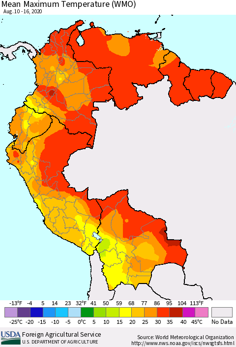 Northern South America Maximum Temperature (WMO) Thematic Map For 8/10/2020 - 8/16/2020