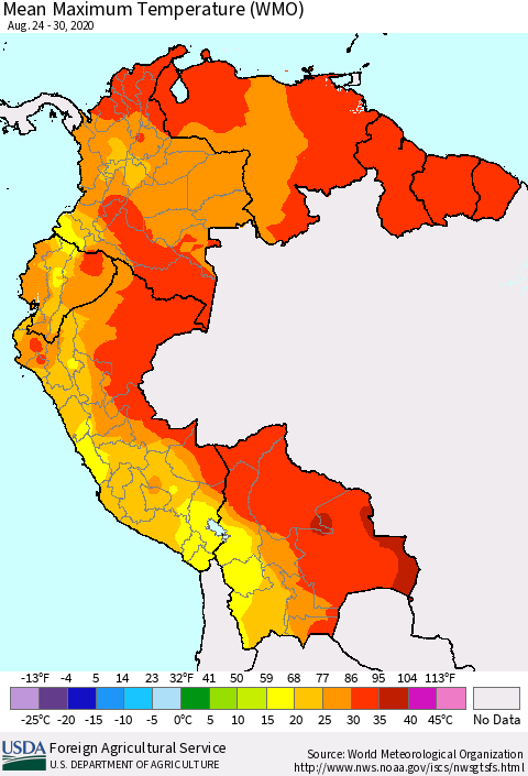 Northern South America Maximum Temperature (WMO) Thematic Map For 8/24/2020 - 8/30/2020