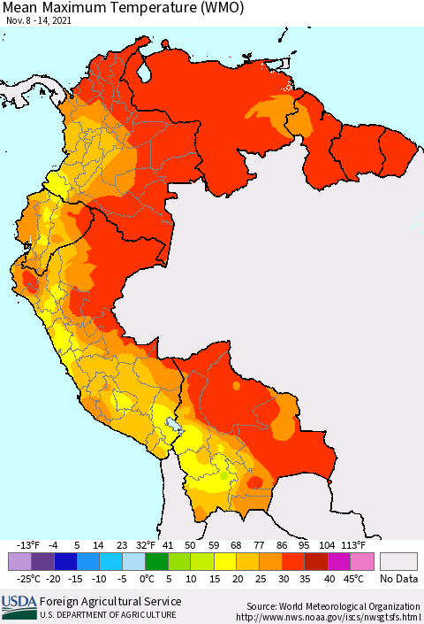 Northern South America Maximum Temperature (WMO) Thematic Map For 11/8/2021 - 11/14/2021
