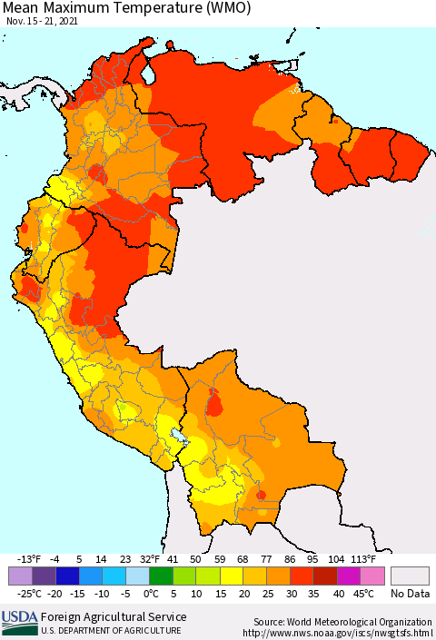 Northern South America Maximum Temperature (WMO) Thematic Map For 11/15/2021 - 11/21/2021