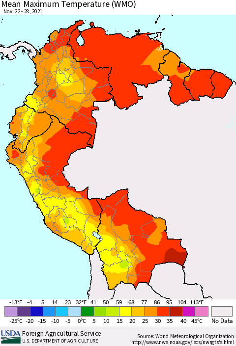 Northern South America Maximum Temperature (WMO) Thematic Map For 11/22/2021 - 11/28/2021