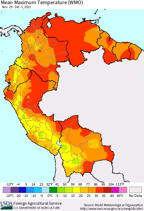 Northern South America Maximum Temperature (WMO) Thematic Map For 11/29/2021 - 12/5/2021
