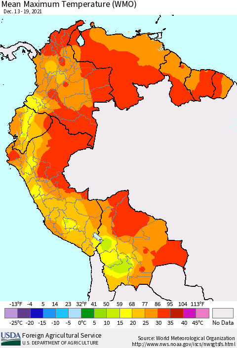 Northern South America Maximum Temperature (WMO) Thematic Map For 12/13/2021 - 12/19/2021