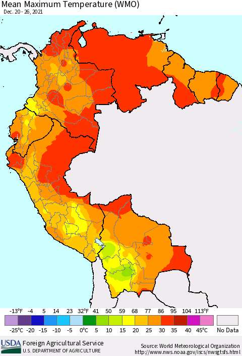 Northern South America Maximum Temperature (WMO) Thematic Map For 12/20/2021 - 12/26/2021