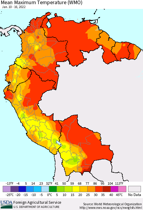Northern South America Maximum Temperature (WMO) Thematic Map For 1/10/2022 - 1/16/2022