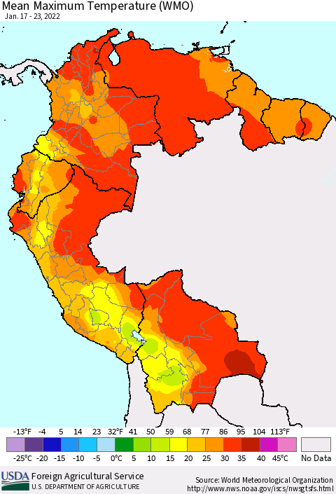 Northern South America Maximum Temperature (WMO) Thematic Map For 1/17/2022 - 1/23/2022
