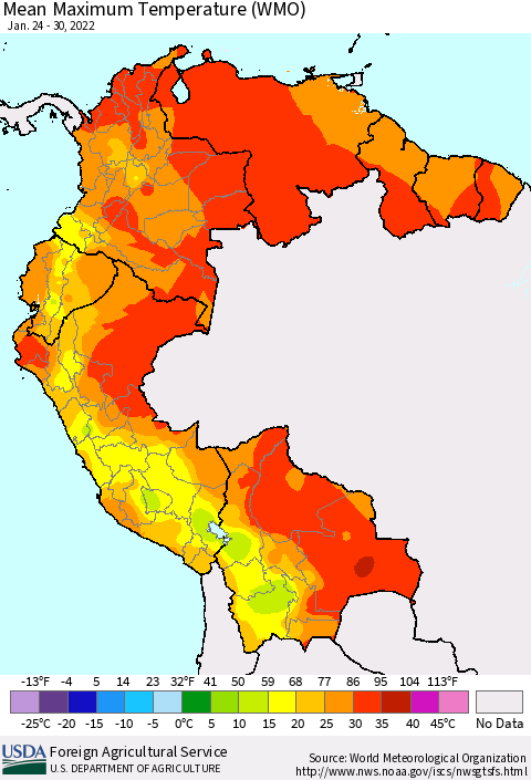 Northern South America Maximum Temperature (WMO) Thematic Map For 1/24/2022 - 1/30/2022